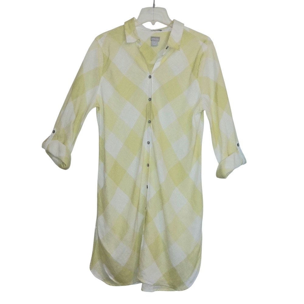 Chico's No Iron Linen Tunic Shift Dress Women's Sz 12 Yellow White Gingham Plaid